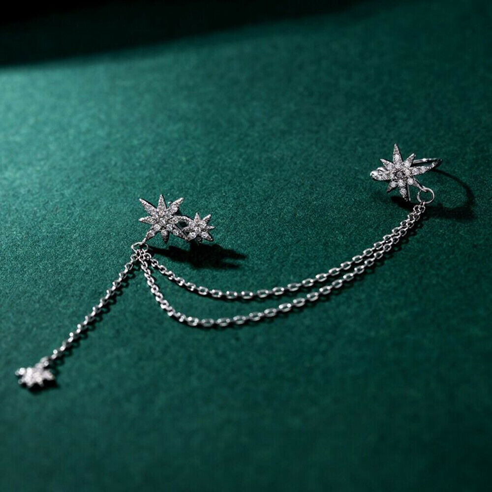 Sterling Silver Paved CZ Pole Star Chain Drop Cuff Pin Post Earrings (One Side) - sugarkittenlondon