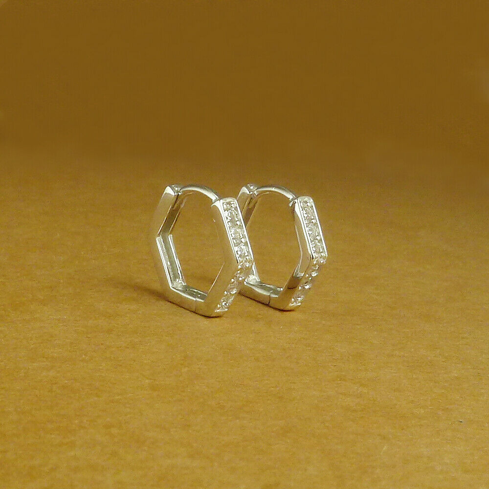 Sterling Silver Hinged Huggie Earrings with Hexagon Half Eternity Design - sugarkittenlondon