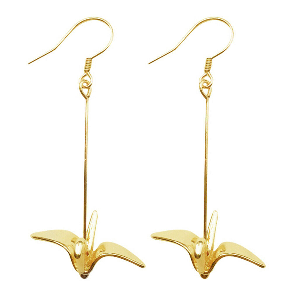 925 Sterling Silver Gold-Plated Origami Crane Dangle Drop Hook Earrings - sugarkittenlondon