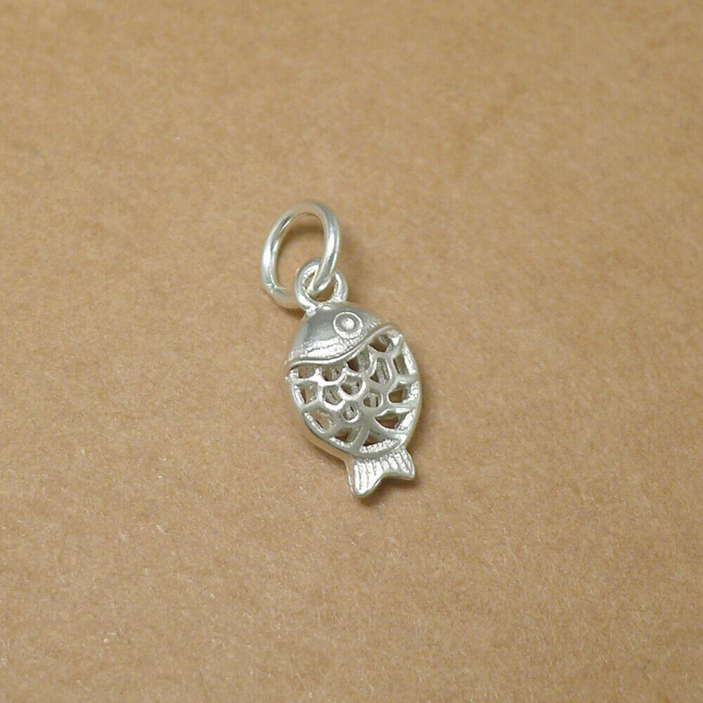 Sterling Silver Tiny 3D Hollow Out Gold Fish Charm Pendant Boxed - sugarkittenlondon