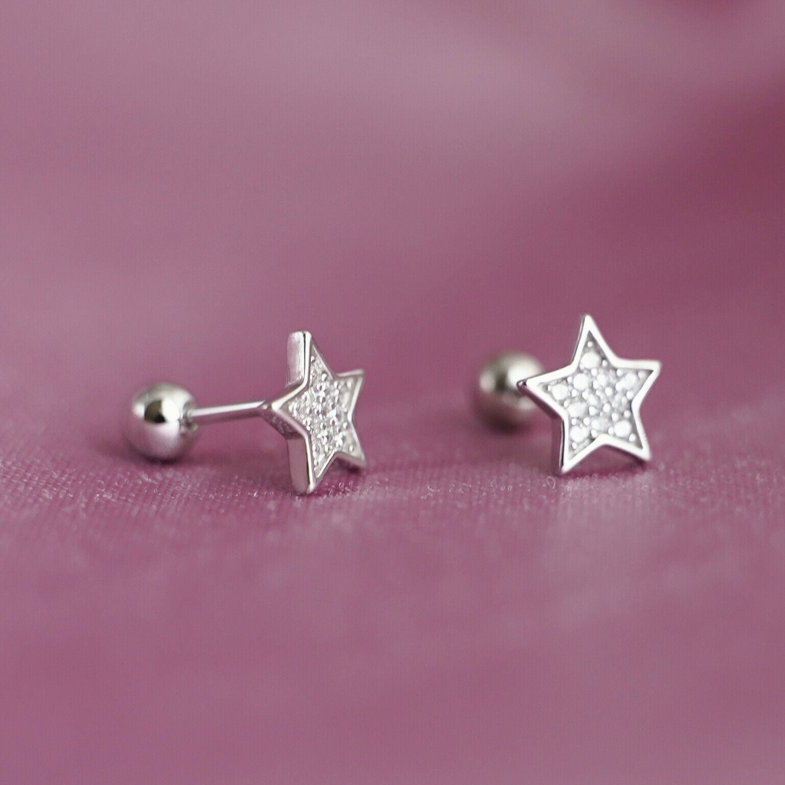 925 Sterling Silver Cubic Zirconia Star Stud Earrings with Screw Back - sugarkittenlondon