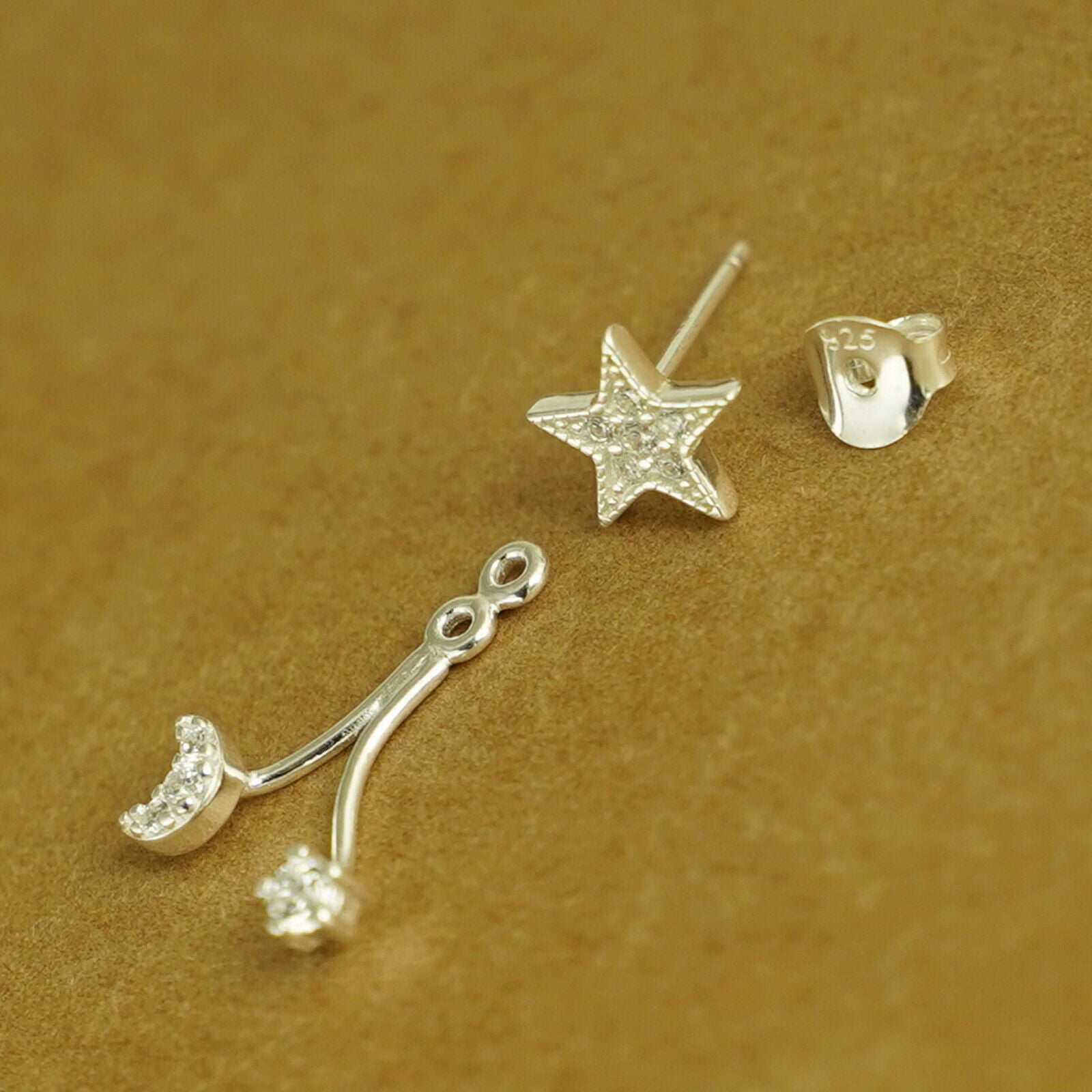 Sterling Silver Star Crescent Moon CZ Drop Double Side Jacket Stud Earrings - sugarkittenlondon