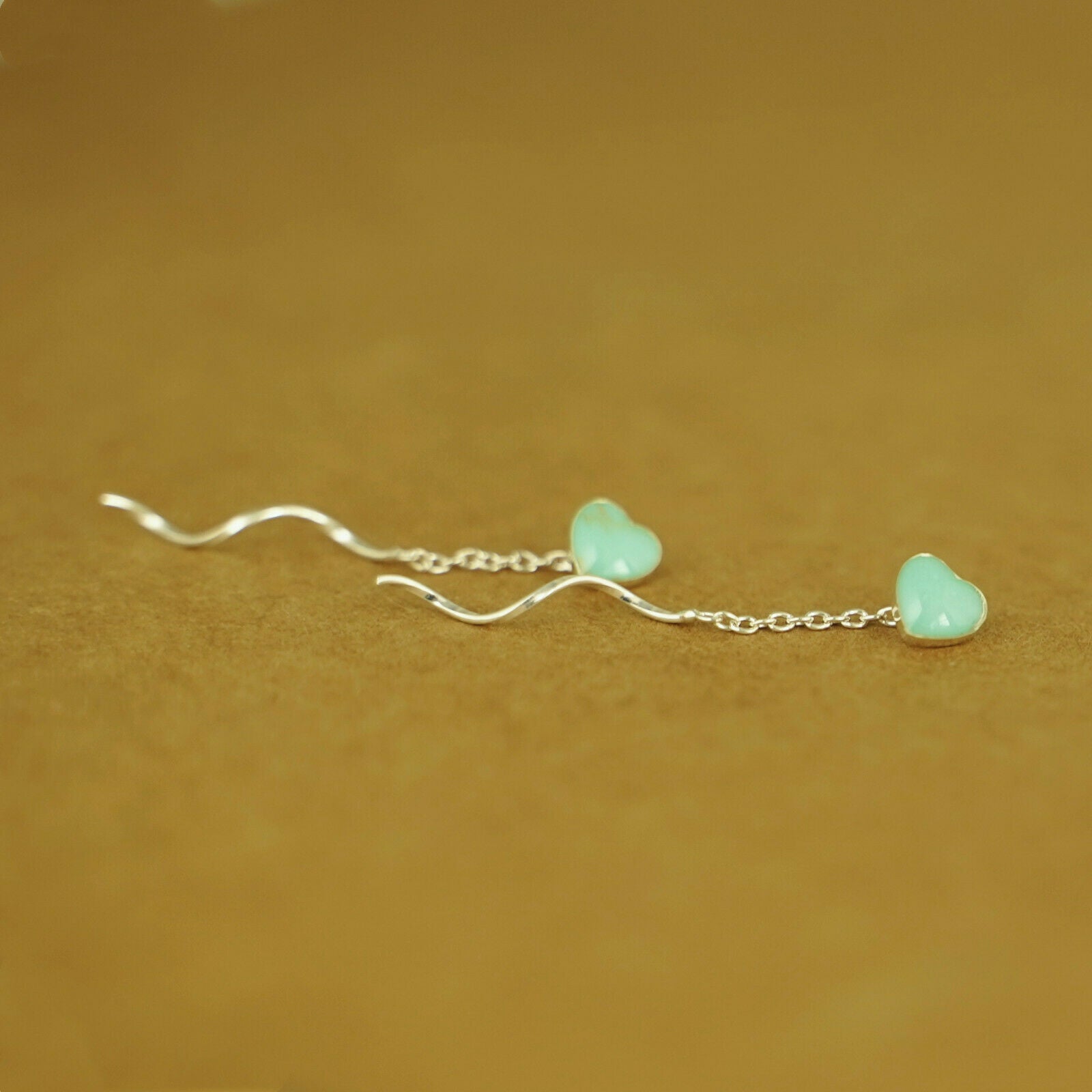 Turquoise Heart Sterling Silver Pull-Through Abalone Shell Threader Earrings - sugarkittenlondon