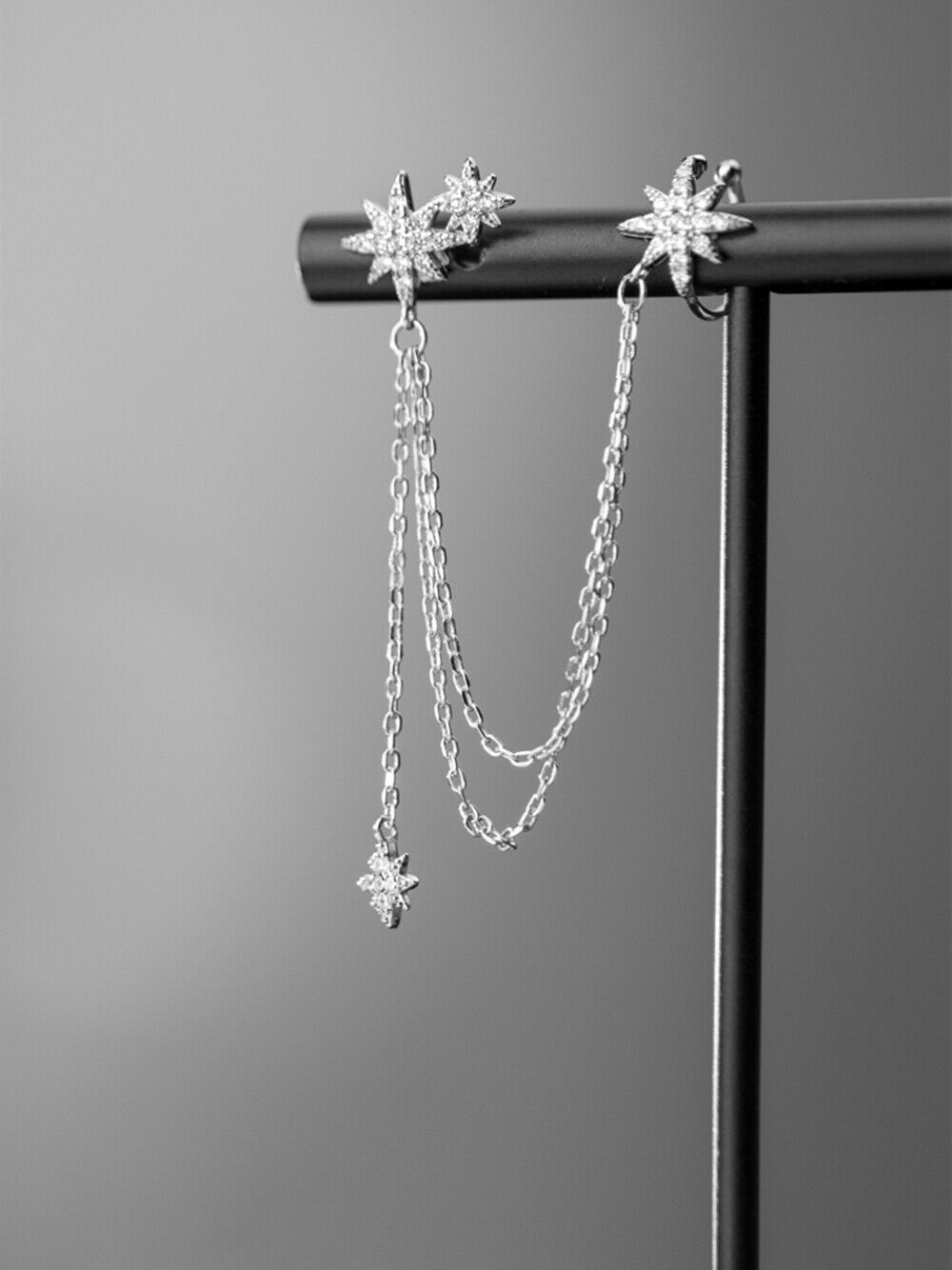 Sterling Silver Paved CZ Pole Star Chain Drop Cuff Pin Post Earrings (One Side) - sugarkittenlondon