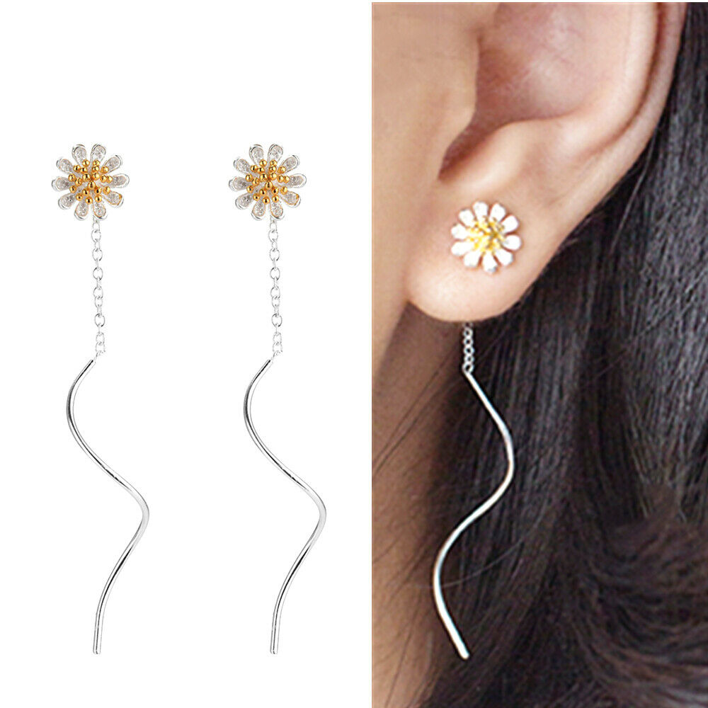 Wave Threader Dangle Earrings in Sterling Silver with Sun Flower Daisy Design - sugarkittenlondon