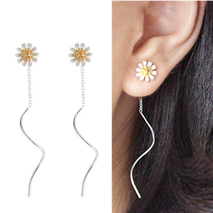 Wave Threader Dangle Earrings in Sterling Silver with Sun Flower Daisy Design - sugarkittenlondon