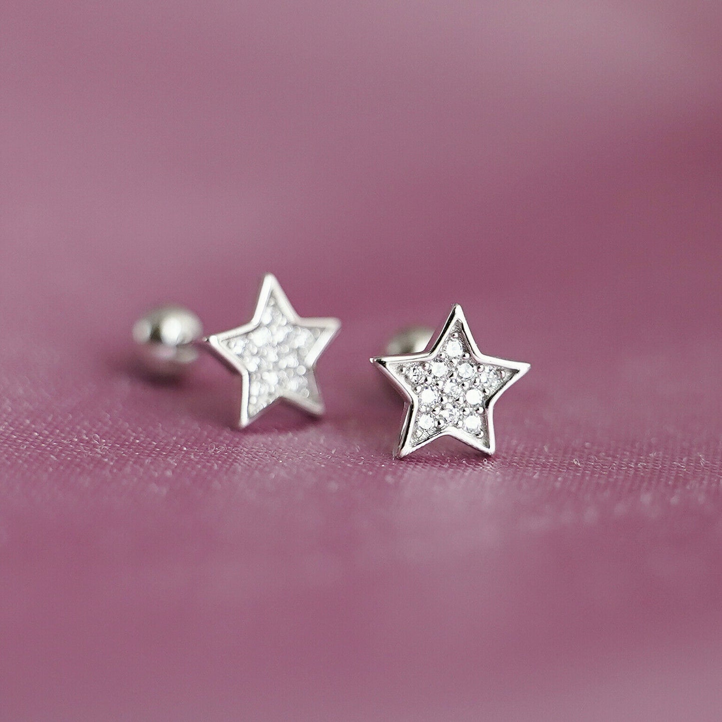 925 Sterling Silver Cubic Zirconia Star Stud Earrings with Screw Back - sugarkittenlondon