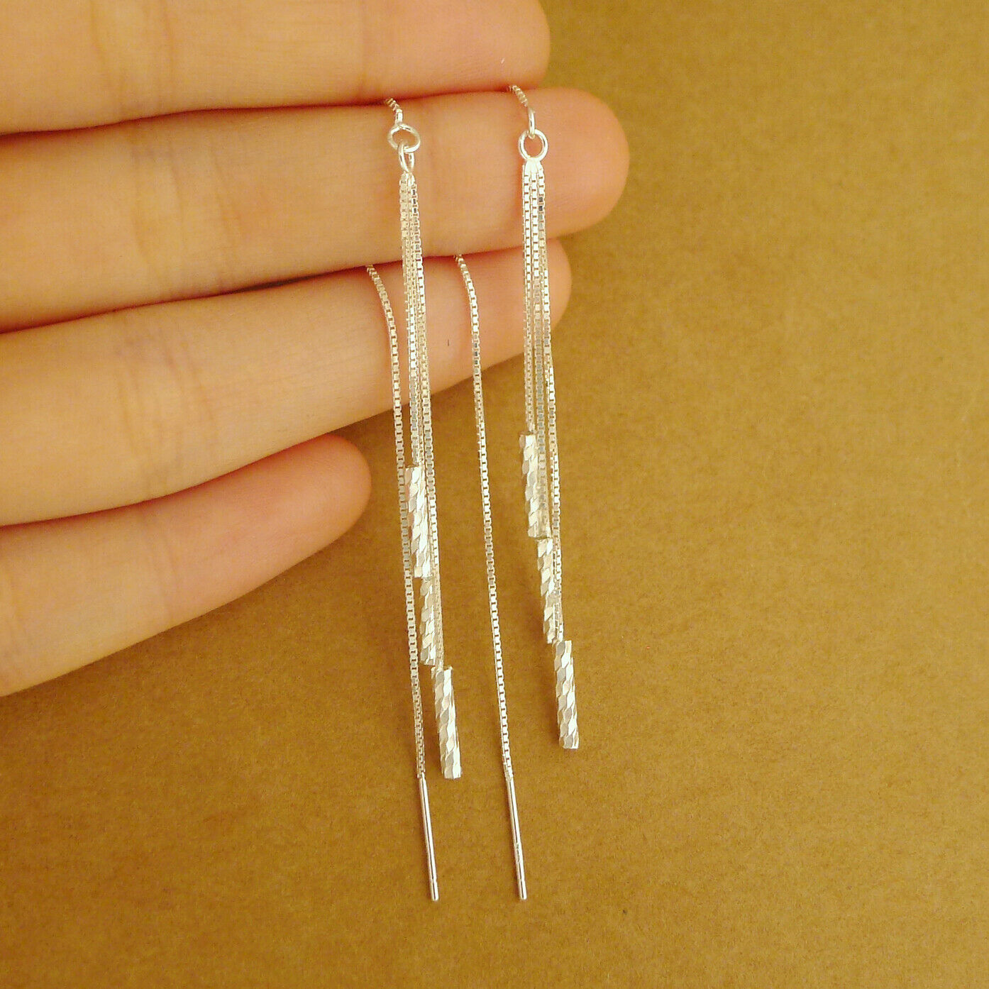 Long Drop Pull Through Threader Earrings in 925 Sterling Silver - sugarkittenlondon