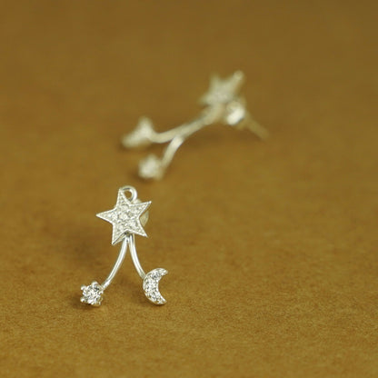 Sterling Silver Star Crescent Moon CZ Drop Double Side Jacket Stud Earrings - sugarkittenlondon