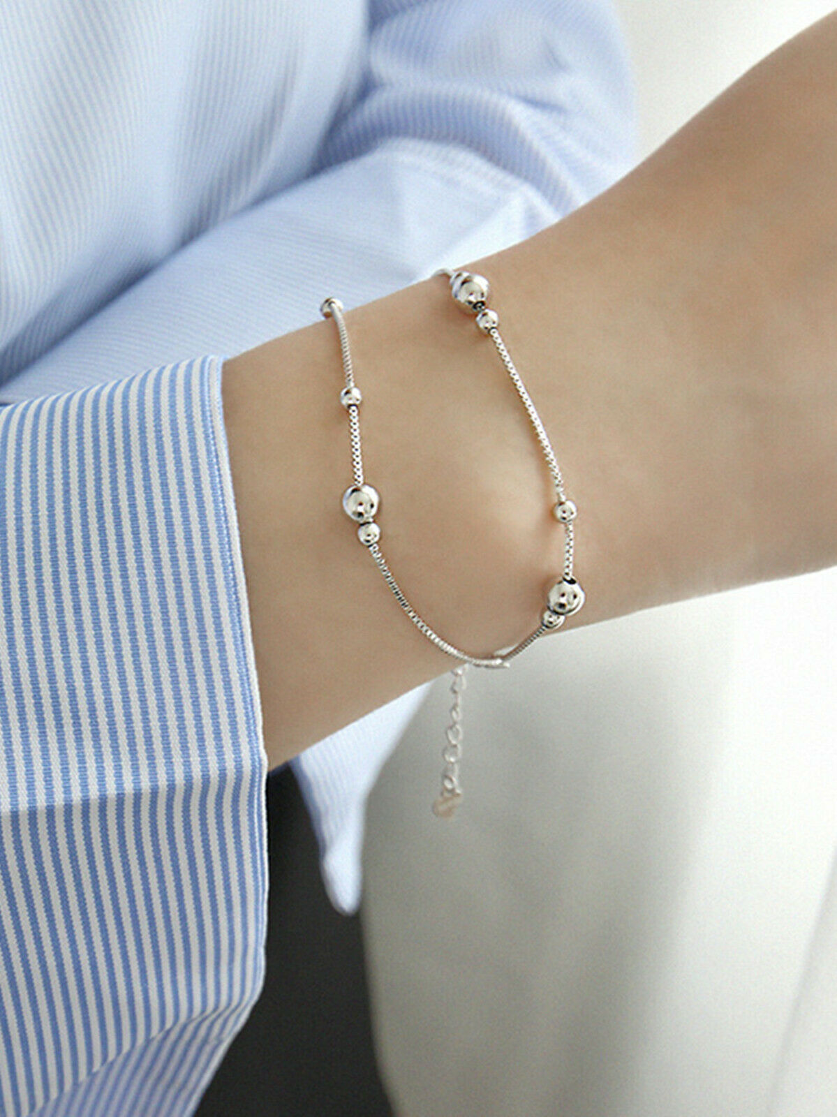 Rhodium on Sterling Silver 3mm 5mm Ball Beads Double Layer Box Chain Bracelet - sugarkittenlondon