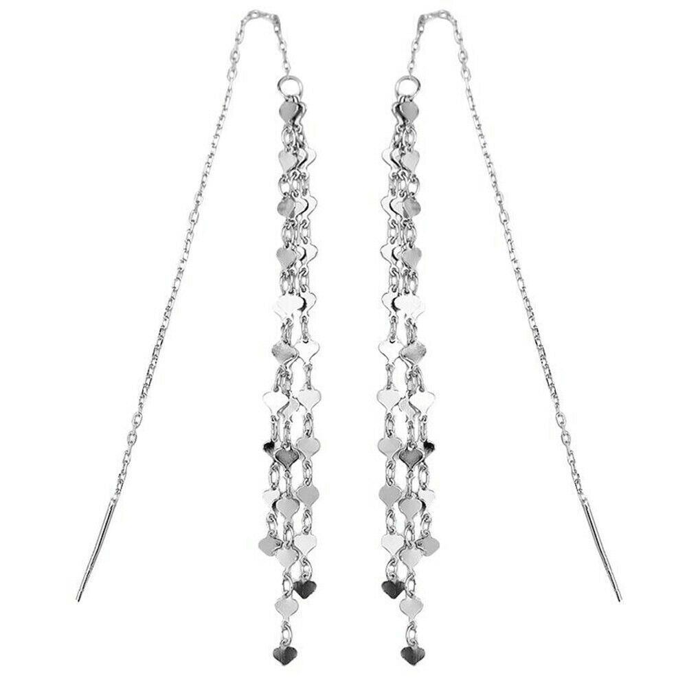 Sterling Silver Cascading Heart Threader Earrings - Long Pull Through - sugarkittenlondon