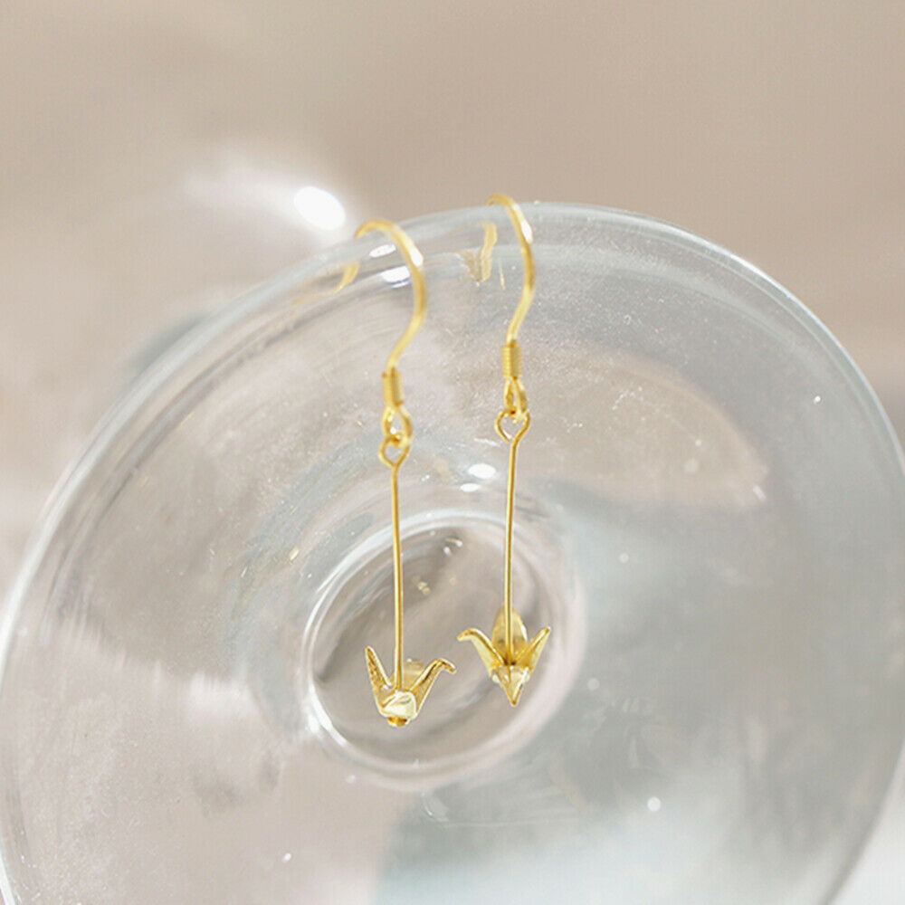 925 Sterling Silver Gold-Plated Origami Crane Dangle Drop Hook Earrings - sugarkittenlondon