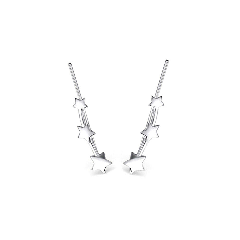925 Sterling Silver Star Ear Climber Earrings with Triple Linked Stars - sugarkittenlondon