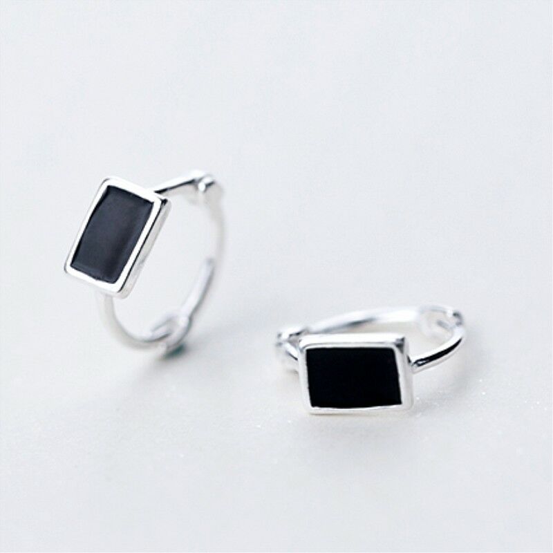 Black Glazed Cube Square Sterling Silver Huggie Hoop Earrings - sugarkittenlondon