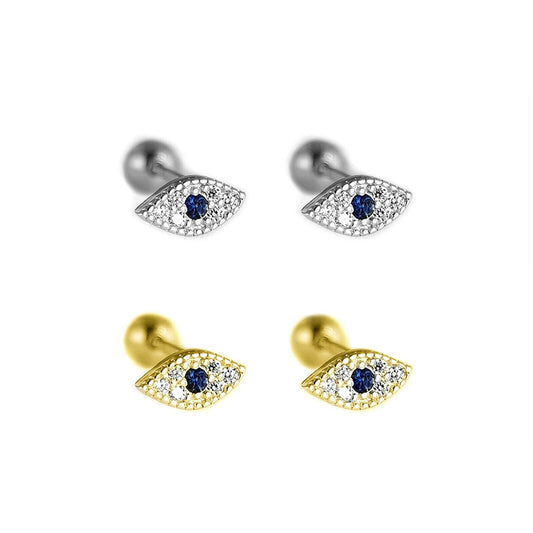 Sterling Silver Evil Eye Pendant with Blue and White CZ Barbell Bead Ball Screw Back Earringss - sugarkittenlondon