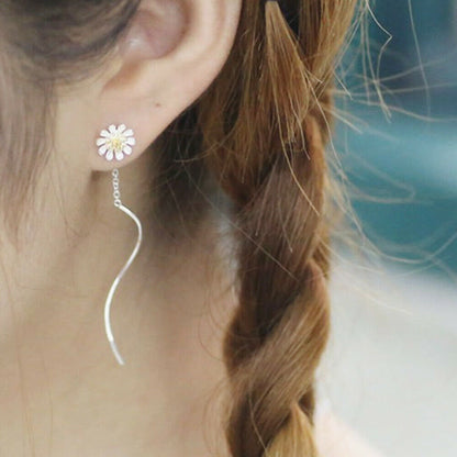 Wave Threader Dangle Earrings in Sterling Silver with Sun Flower Daisy Design - sugarkittenlondon