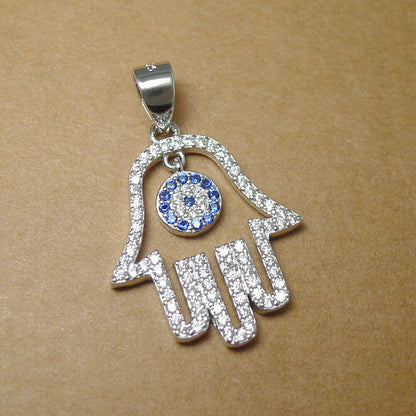 Sterling Silver Evil Eye Hamsa Hand of Fatima Pendant Necklace with Blue Paved CZ - sugarkittenlondon