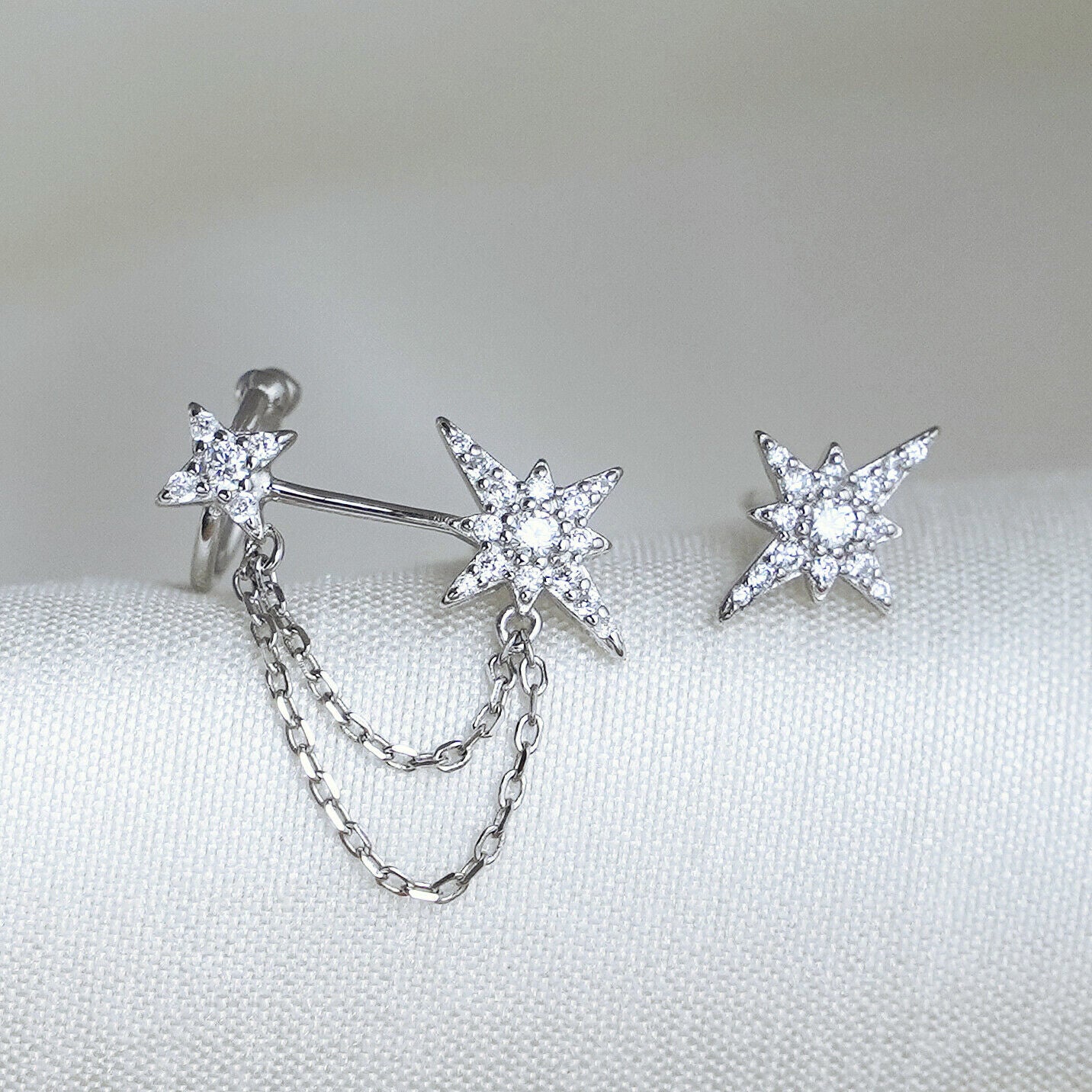 Asymmetrical Sterling Silver Paved CZ Pole Star Chain Cuff Earrings - sugarkittenlondon