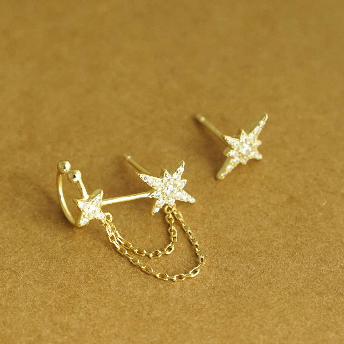 Paved CZ Pole Star Chain Cuff Asymmetrical Earrings in 18K Gold on Sterling Silver - sugarkittenlondon