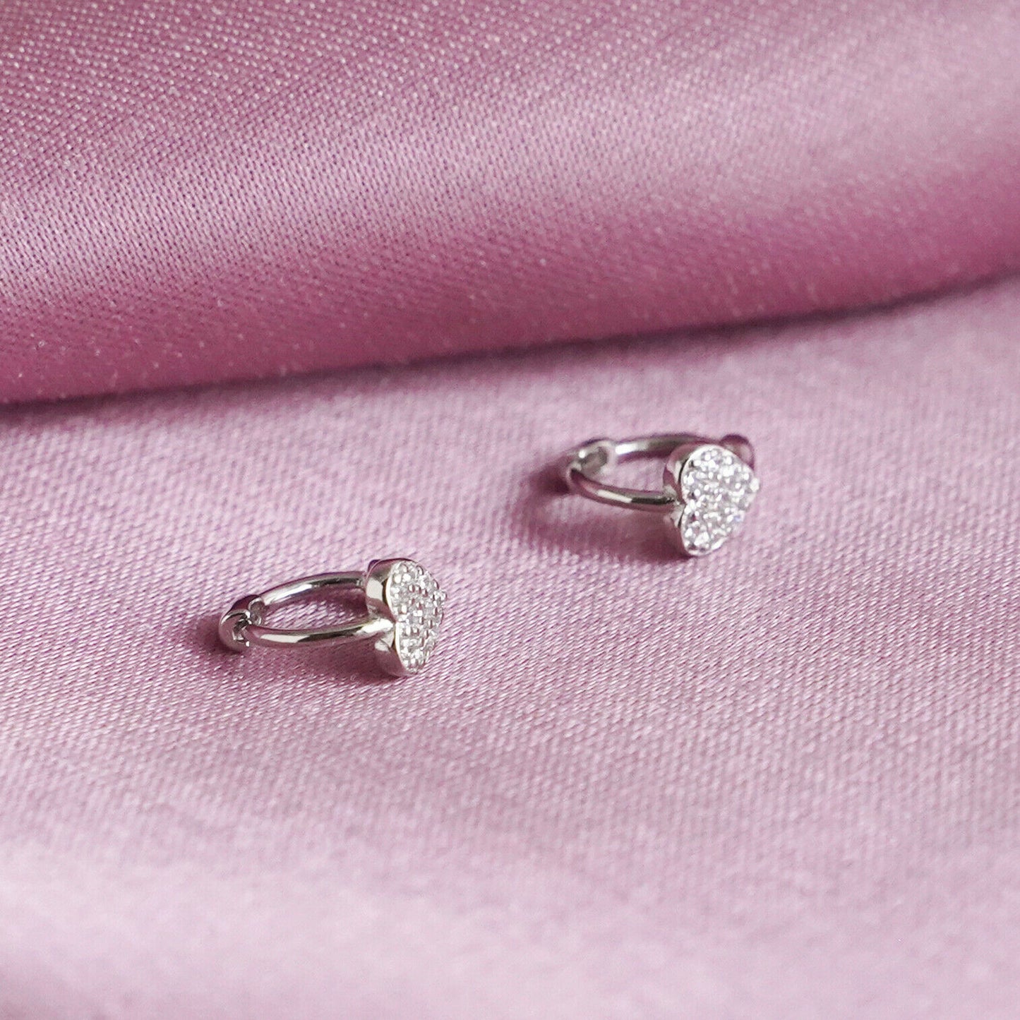 6mm Sterling Silver Heart Huggie Cuff Earrings with Paved CZ - sugarkittenlondon