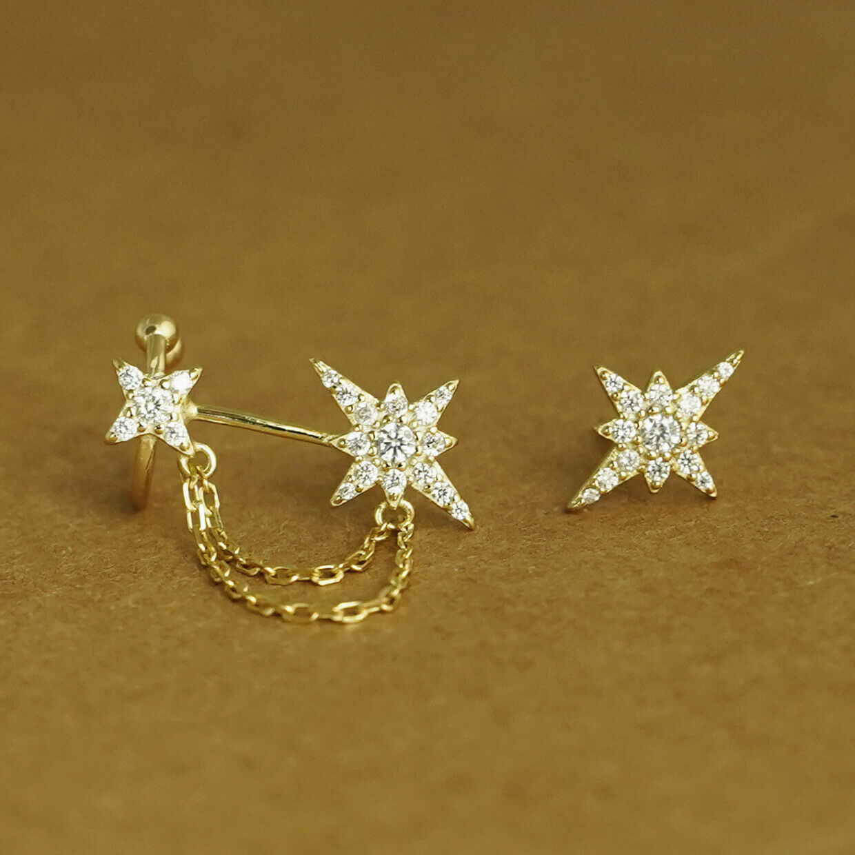 Paved CZ Pole Star Chain Cuff Asymmetrical Earrings in 18K Gold on Sterling Silver - sugarkittenlondon