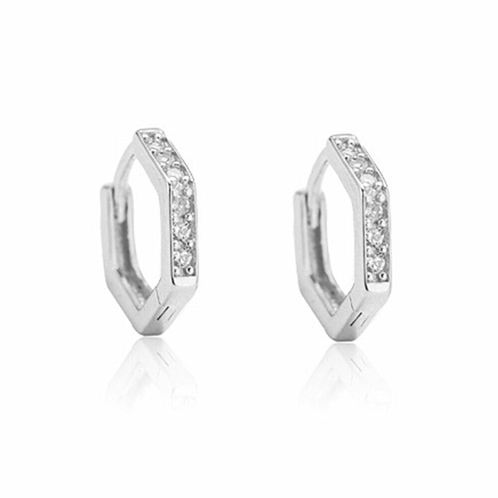 Sterling Silver Hinged Huggie Earrings with Hexagon Half Eternity Design - sugarkittenlondon