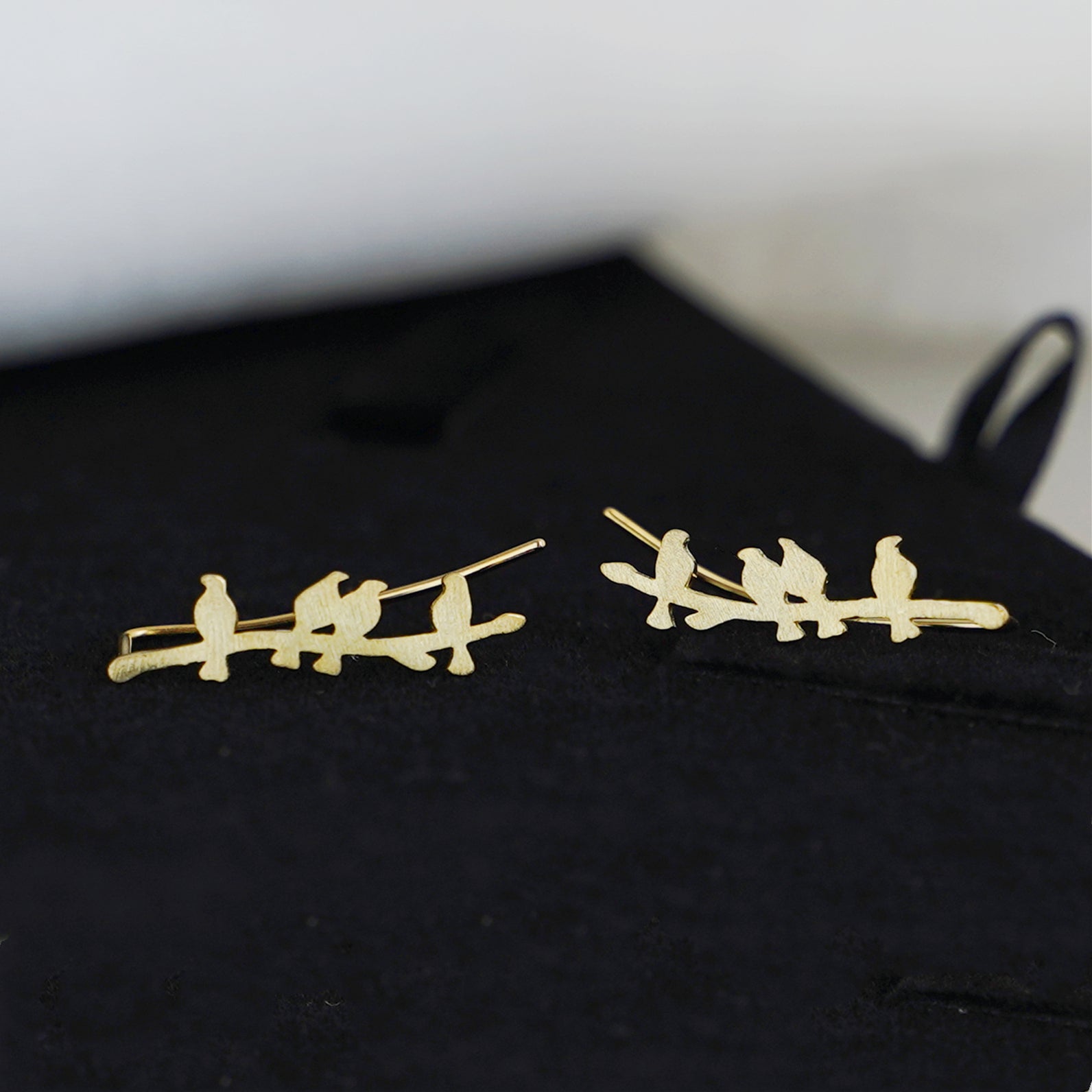 18K Gold Bird Crawler Earrings on Sterling Silver Vine - sugarkittenlondon