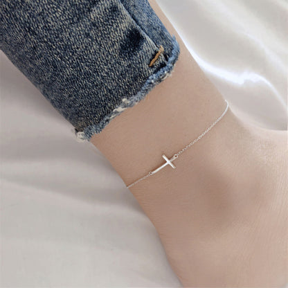 Sterling Silver Horizontal Sideways Layer Cross Chain Bracelet Anklet 19-22cm - sugarkittenlondon