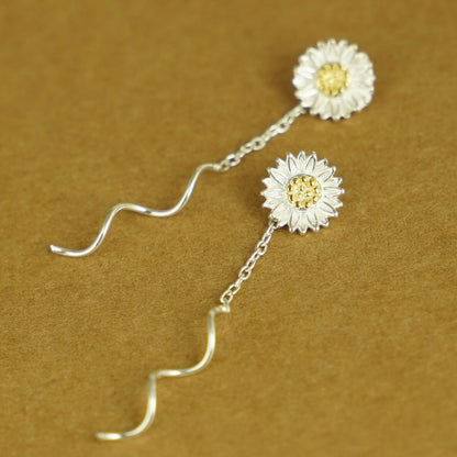 Sunflower Pull-Through Wave Threader Dangle Earrings in Sterling Silver - sugarkittenlondon