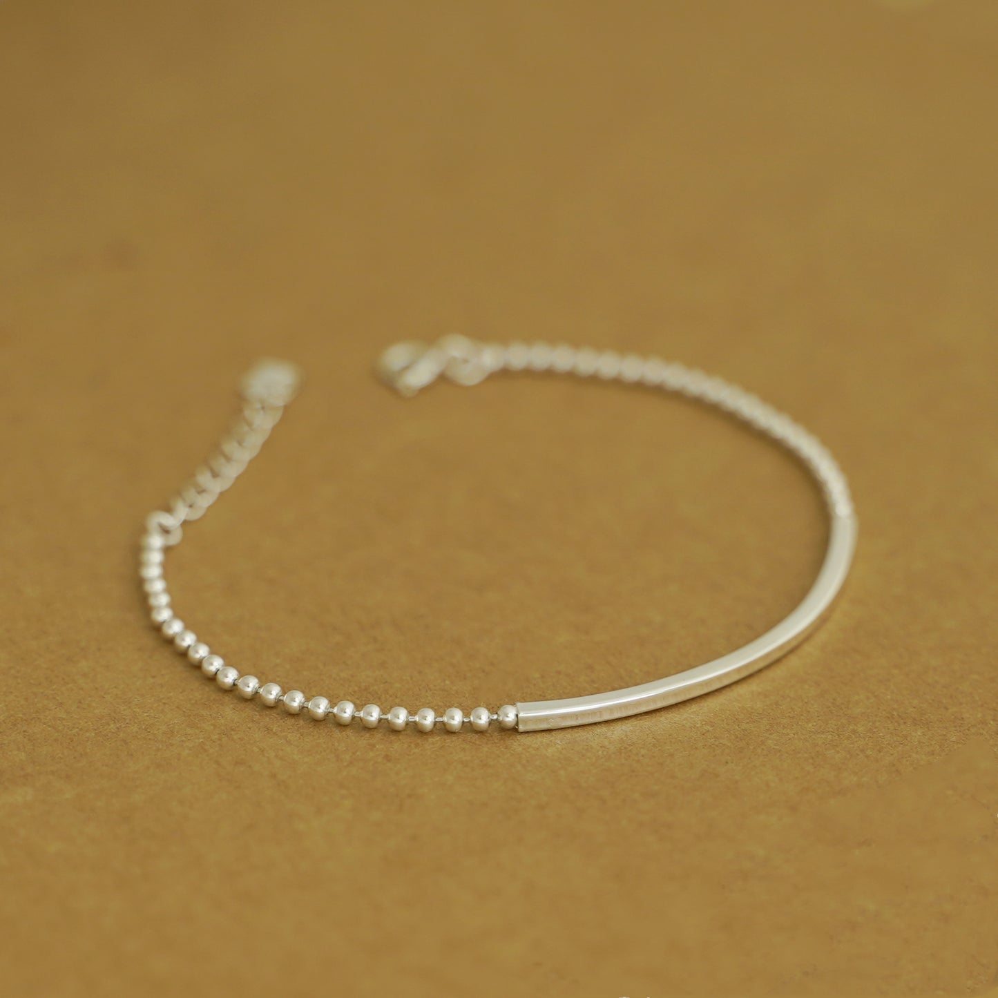 Adjustable Chain Bracelet Sterling Silver Curved Square Noodle Tube Beaded Chain Bracelet 16.5 - 19.5cm - sugarkittenlondon