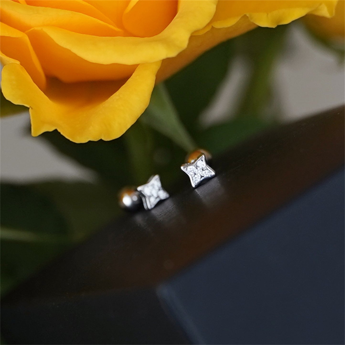 Mini Star Stud Earrings in Sterling Silver with CZ Bead and Ball Screw Back - sugarkittenlondon