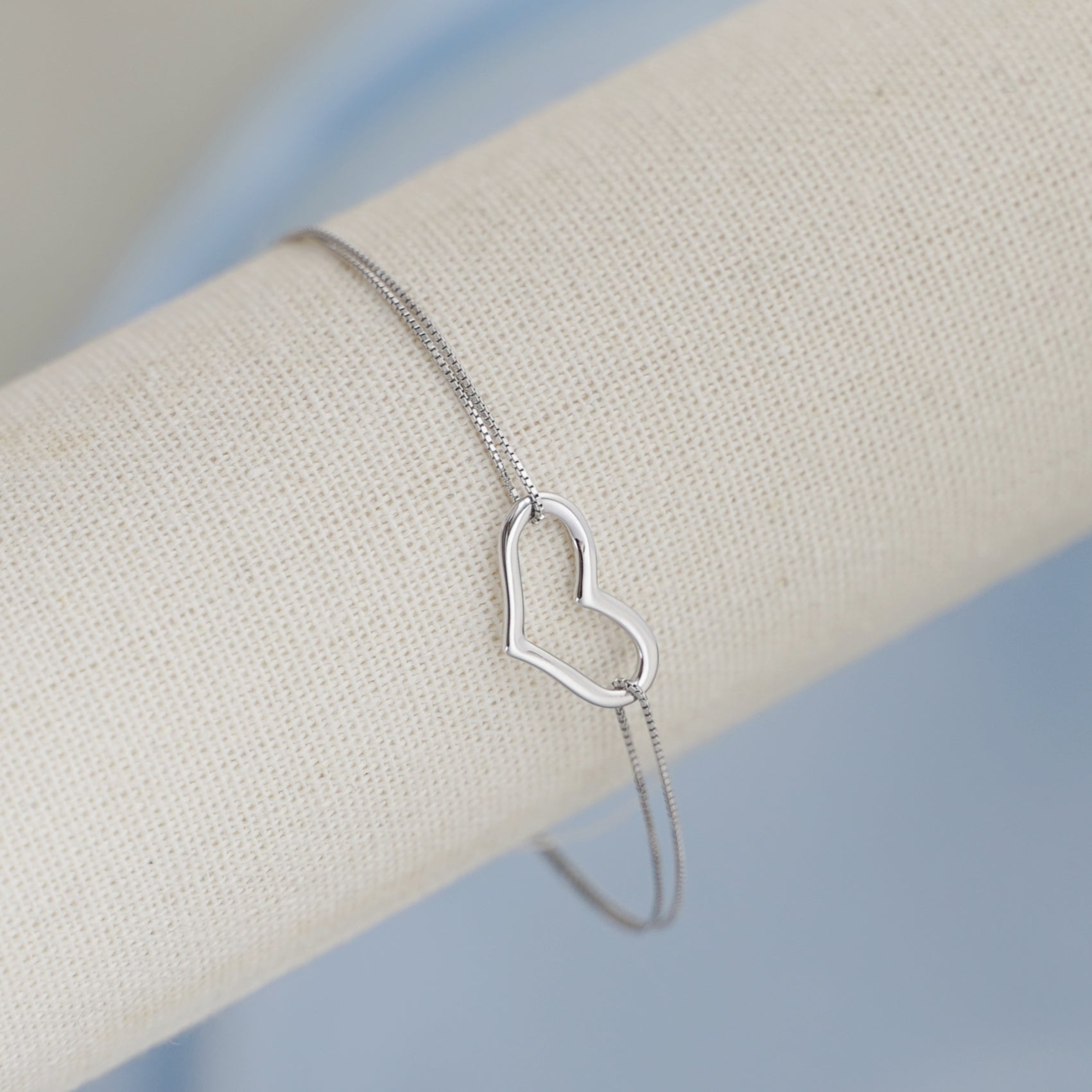 Rhodium on Sterling Silver Floating Love Heart Bracelet with Double Box Chain - sugarkittenlondon