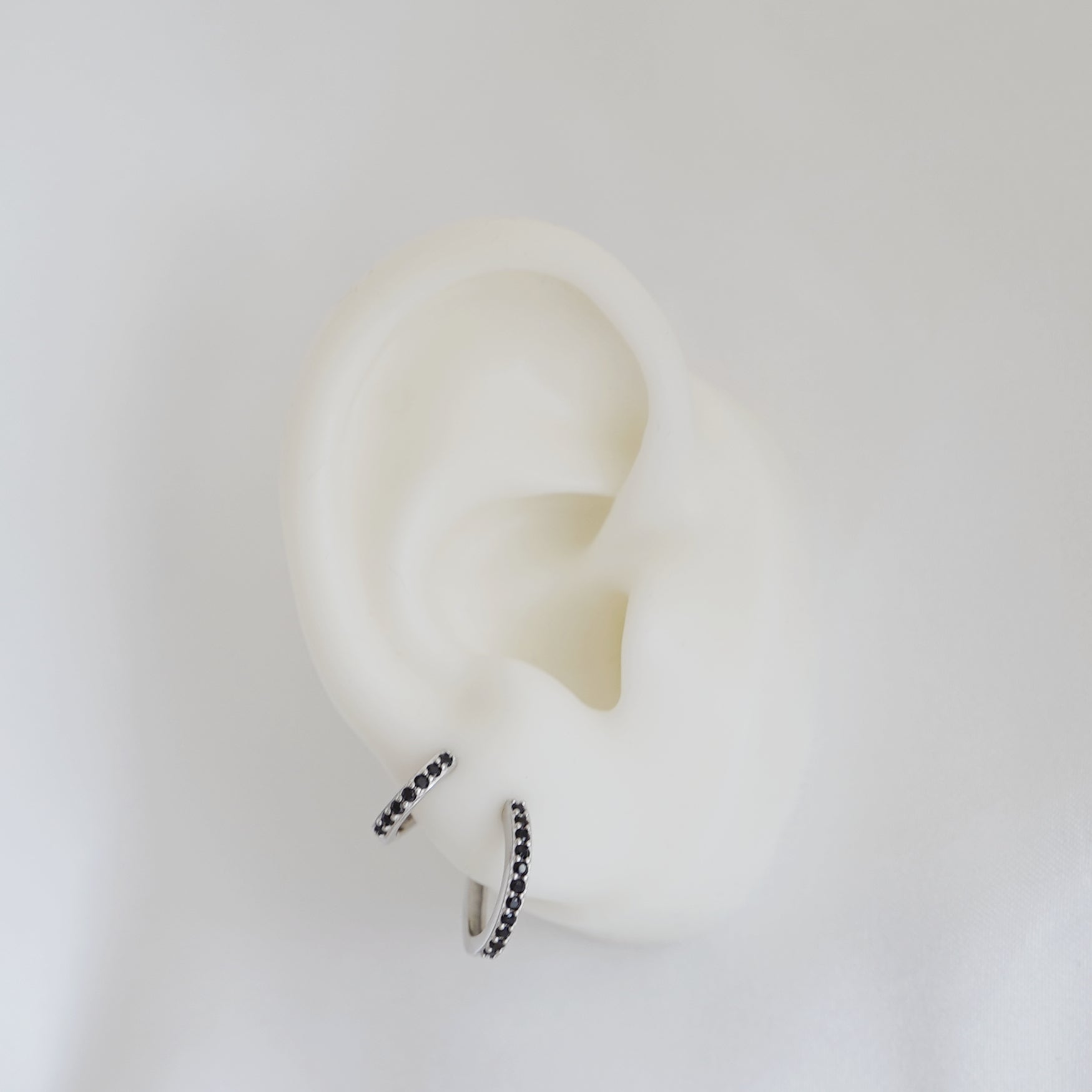 White Black CZ Hinged Hoop Earrings with Half Eternity - sugarkittenlondon