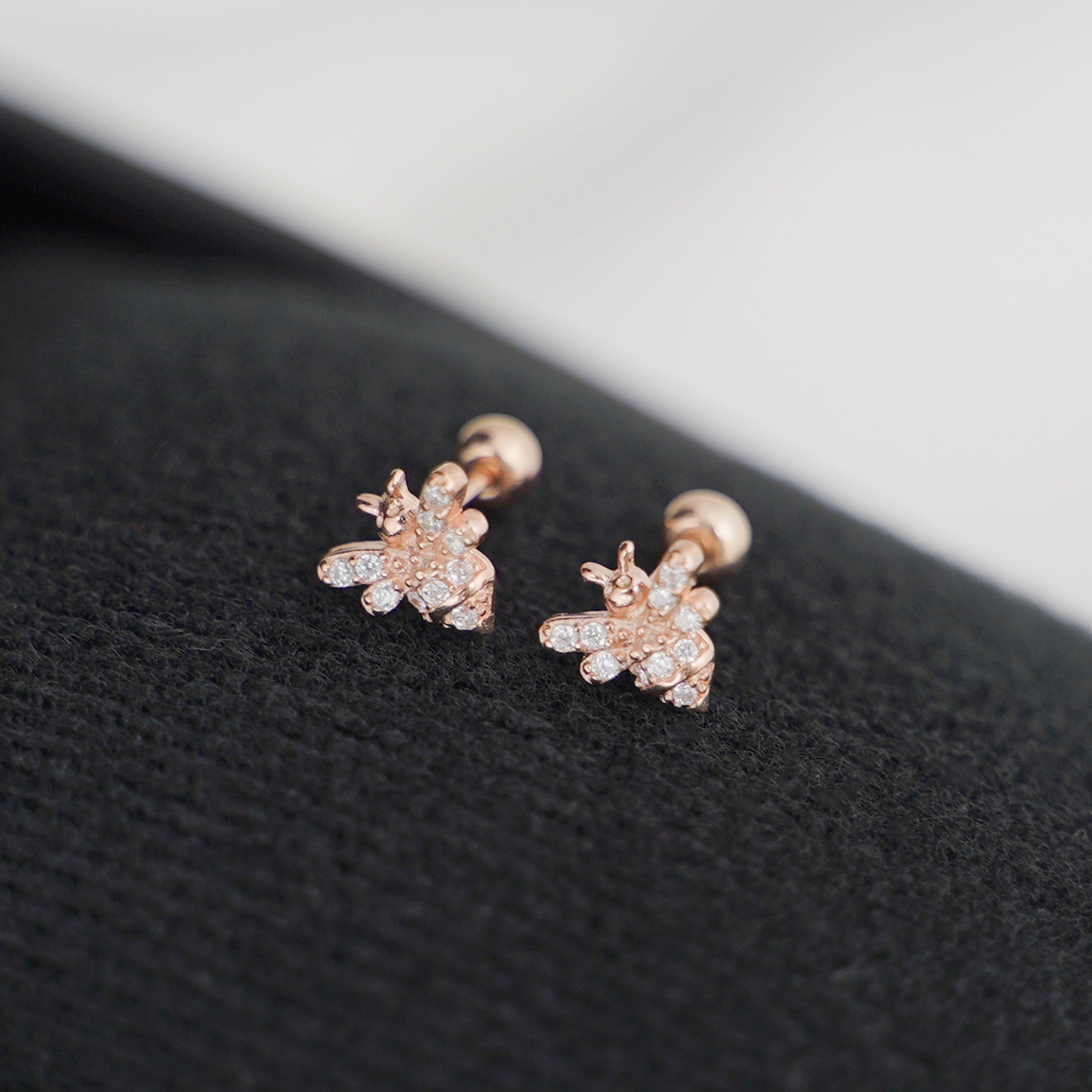 Bee Stud Earrings with CZ Beads and Screwbacks in Rose Gold, 18K Gold & Sterling silver - sugarkittenlondon