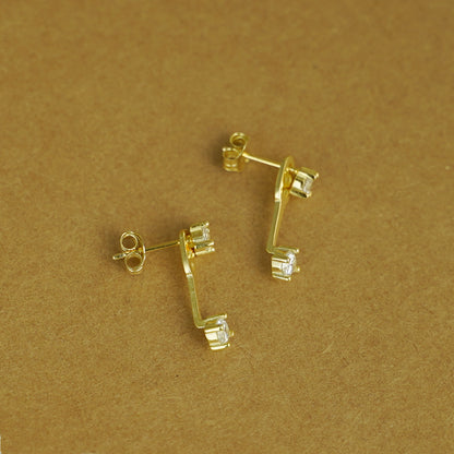 Double 4mm CZ Bar Drop Jacket Hug Two Way Earrings in 18K Gold on Sterling Silver | CZ Earring Jacket - sugarkittenlondon
