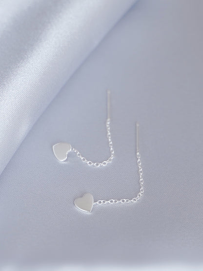 925 Sterling Silver Heart Threader Dangle Earrings with Shiny Finish - sugarkittenlondon