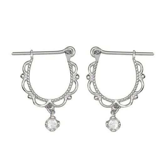 2-Tone Sterling Silver Lace Edged CZ Drop Hinged Hoop Earrings - sugarkittenlondon