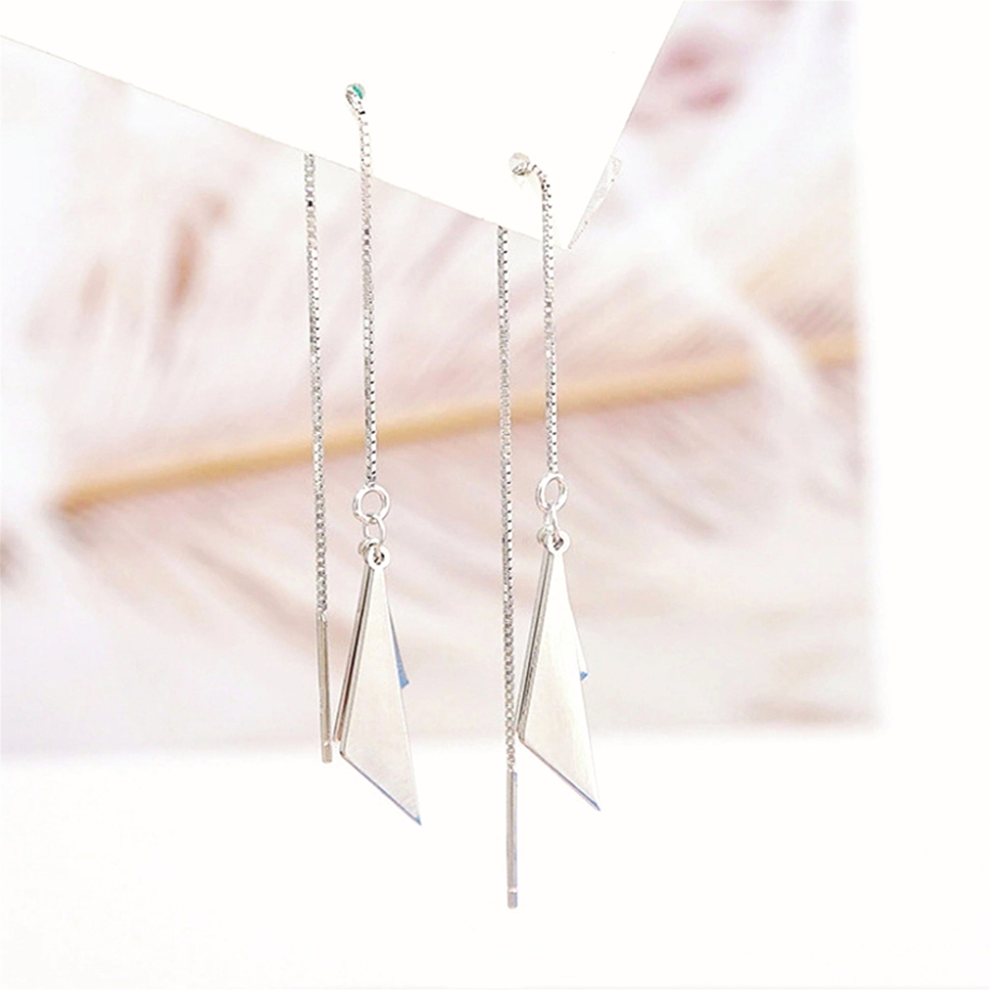 925 Sterling Silver Double Triangle Shiny Drop Threader Earrings - sugarkittenlondon