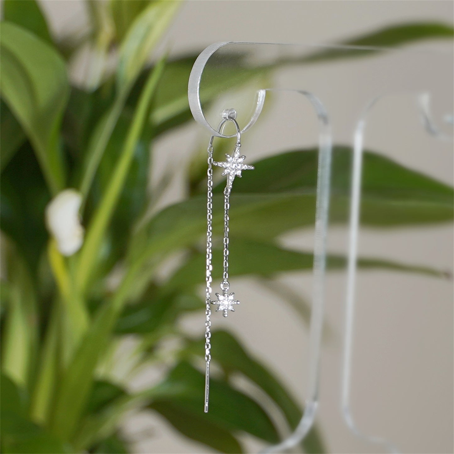 925 Sterling Silver Threader Earrings with Paved CZ Pole Star Chain Drop - sugarkittenlondon