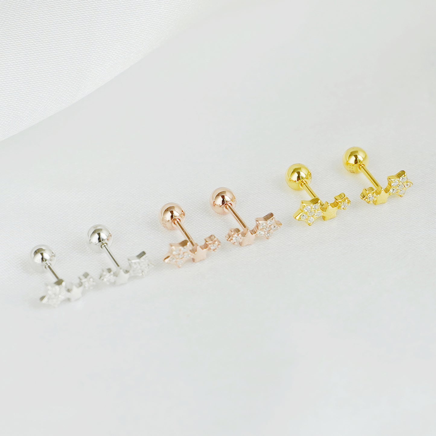 18K Gold Triple Star Stud Earrings with CZ Beads - sugarkittenlondon