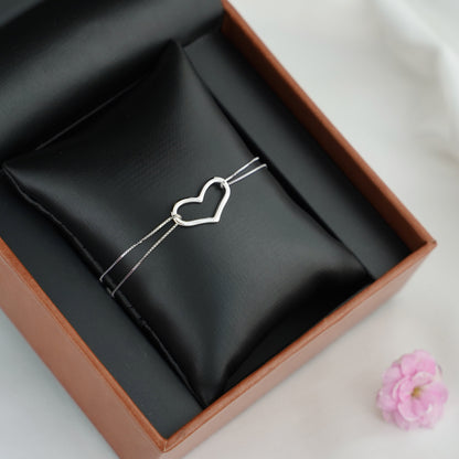 Rhodium on Sterling Silver Floating Love Heart Bracelet with Double Box Chain - sugarkittenlondon