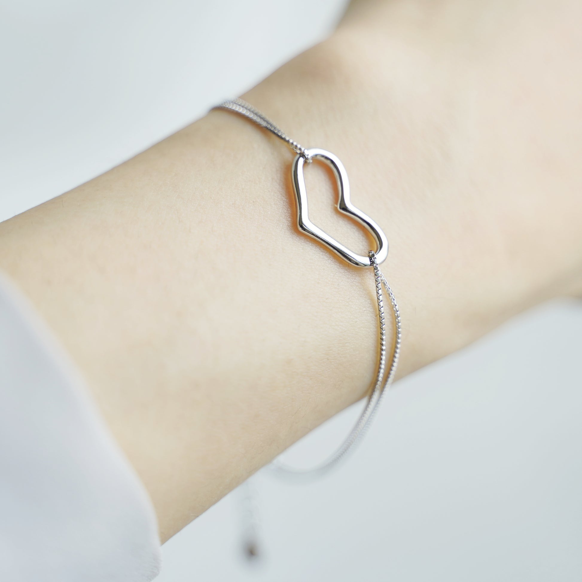 Rhodium on Sterling Silver Floating Love Heart Bracelet with Double Box Chain - sugarkittenlondon