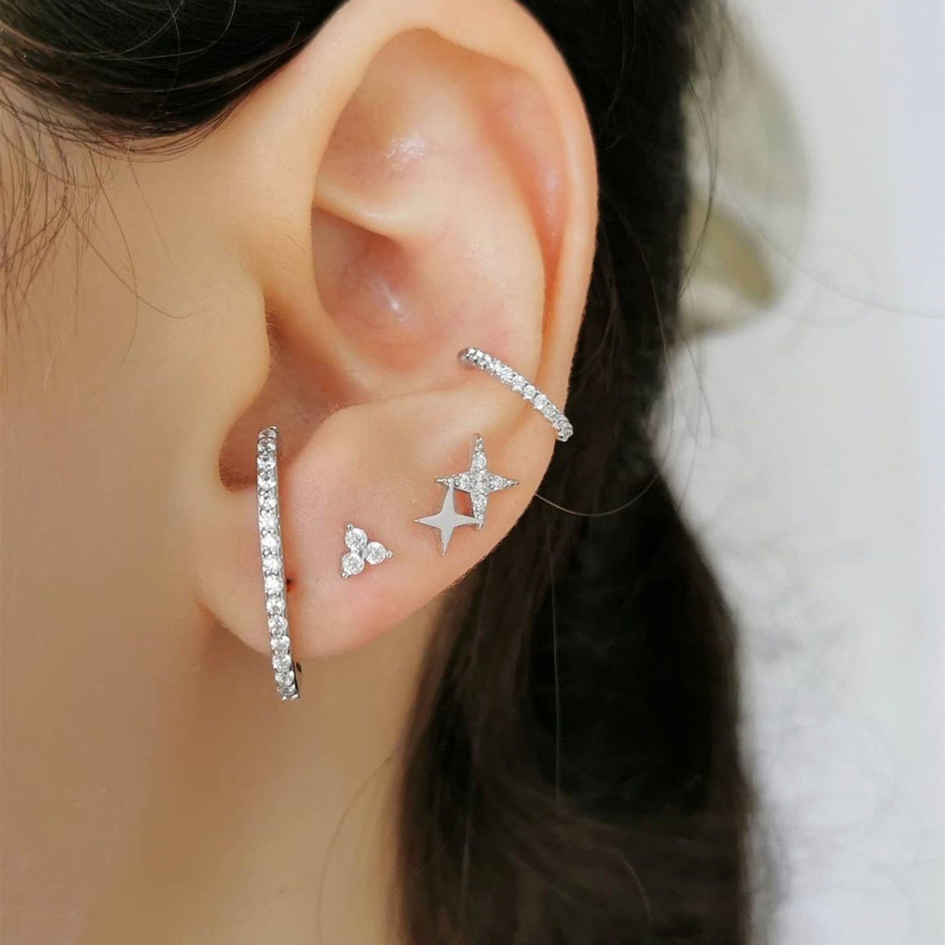 925 Sterling Silver Pave CZ Eternity Suspender Bar Line Cuff Stud Earrings - sugarkittenlondon