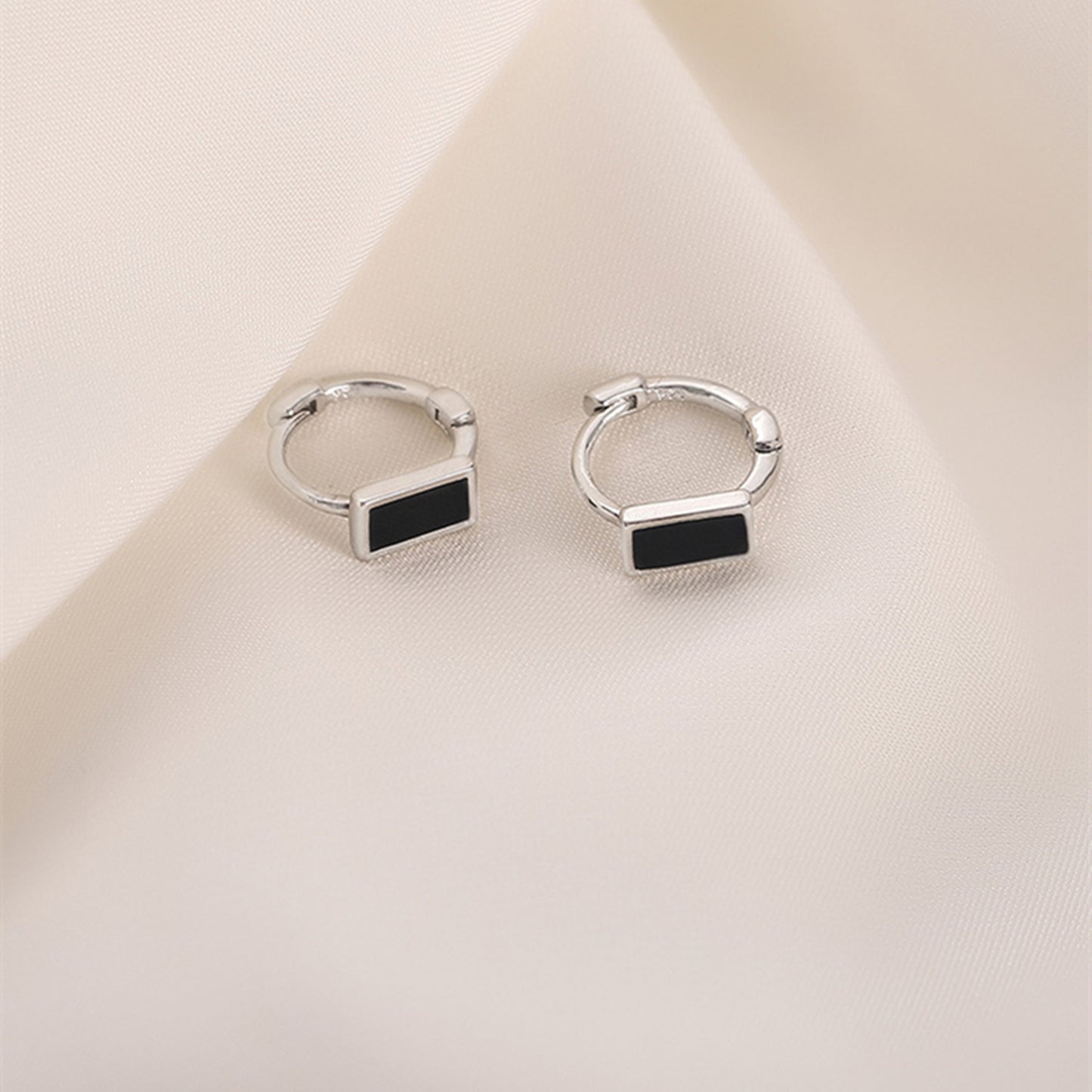 Black Glazed Cube Square Sterling Silver Huggie Hoop Earrings - sugarkittenlondon