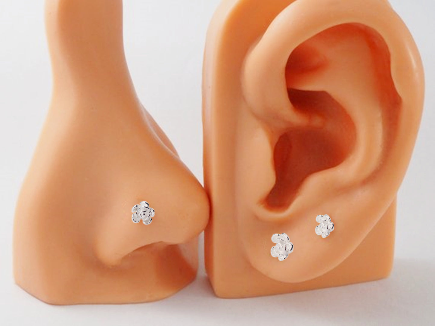 Sterling Silver Rose Flower Womens Ladies Jewellery Nose & Ear Studs Pairs - sugarkittenlondon