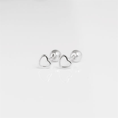 Heart Screw Back Earrings | Sterling Silver Hollow Love Heart 4 5 6 mm Barbell Bead Ball - sugarkittenlondon